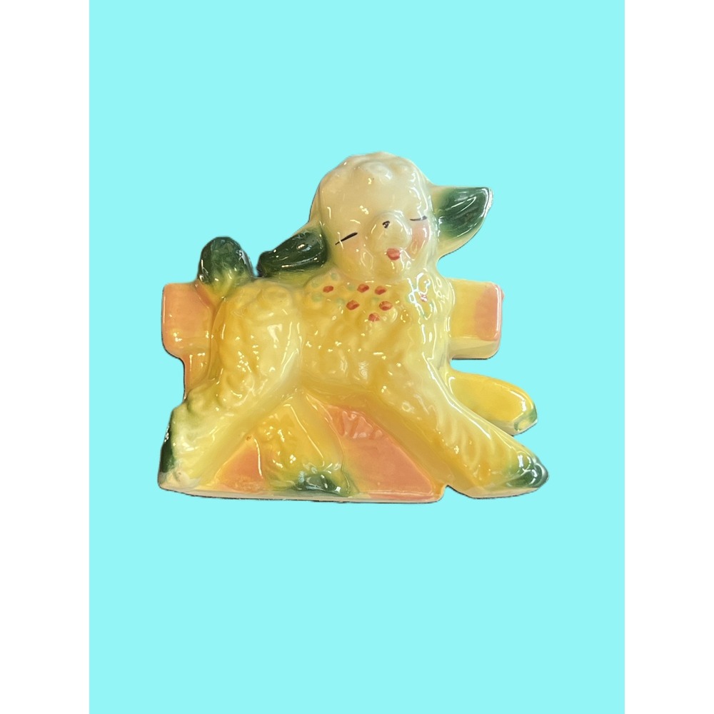 VTG 1950s Ceramic Yellow Lamb Planter Mid-Century Nursery Decor Sheep Figurine